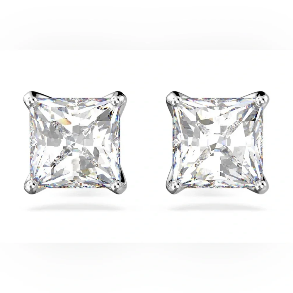 Swarovski Solitaire Stud Earrings | Square | Rhodium Plated | New | Swan Signed - Picture 4 of 9